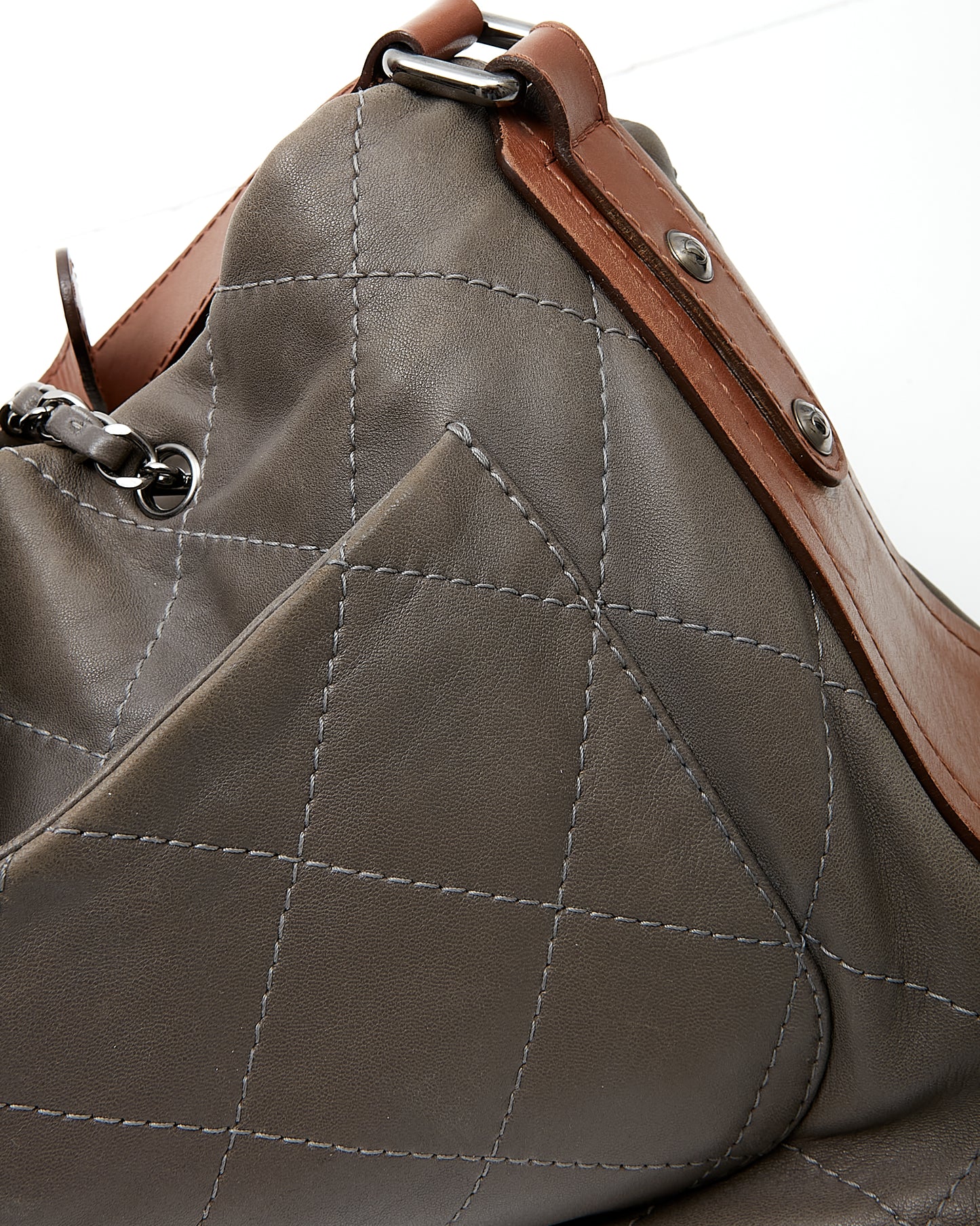 Chanel Grey/Tan Quilted Leather Convertible Messenger Tote Bag