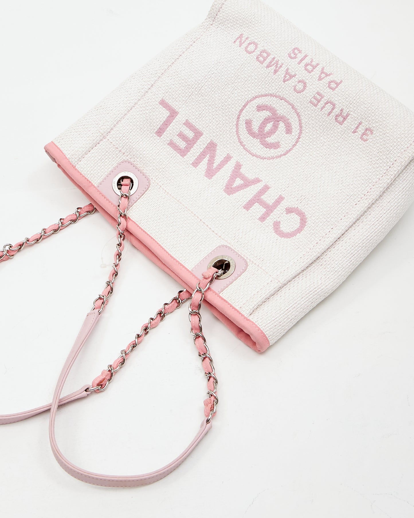 Chanel Cream & Pink Canvas Small Deauville Small Tote Bag