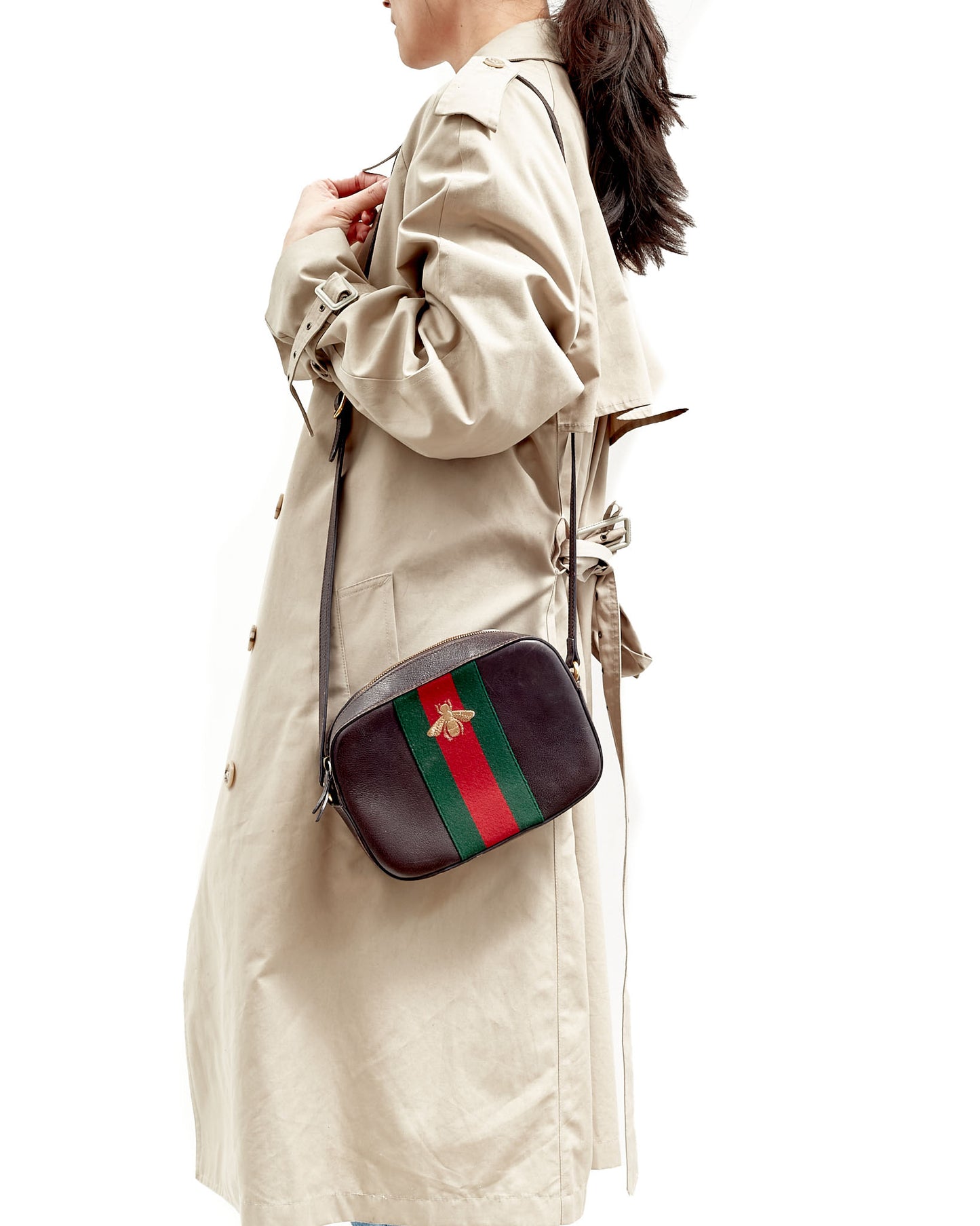 Gucci Brown Leather Web Bee Camera Bag