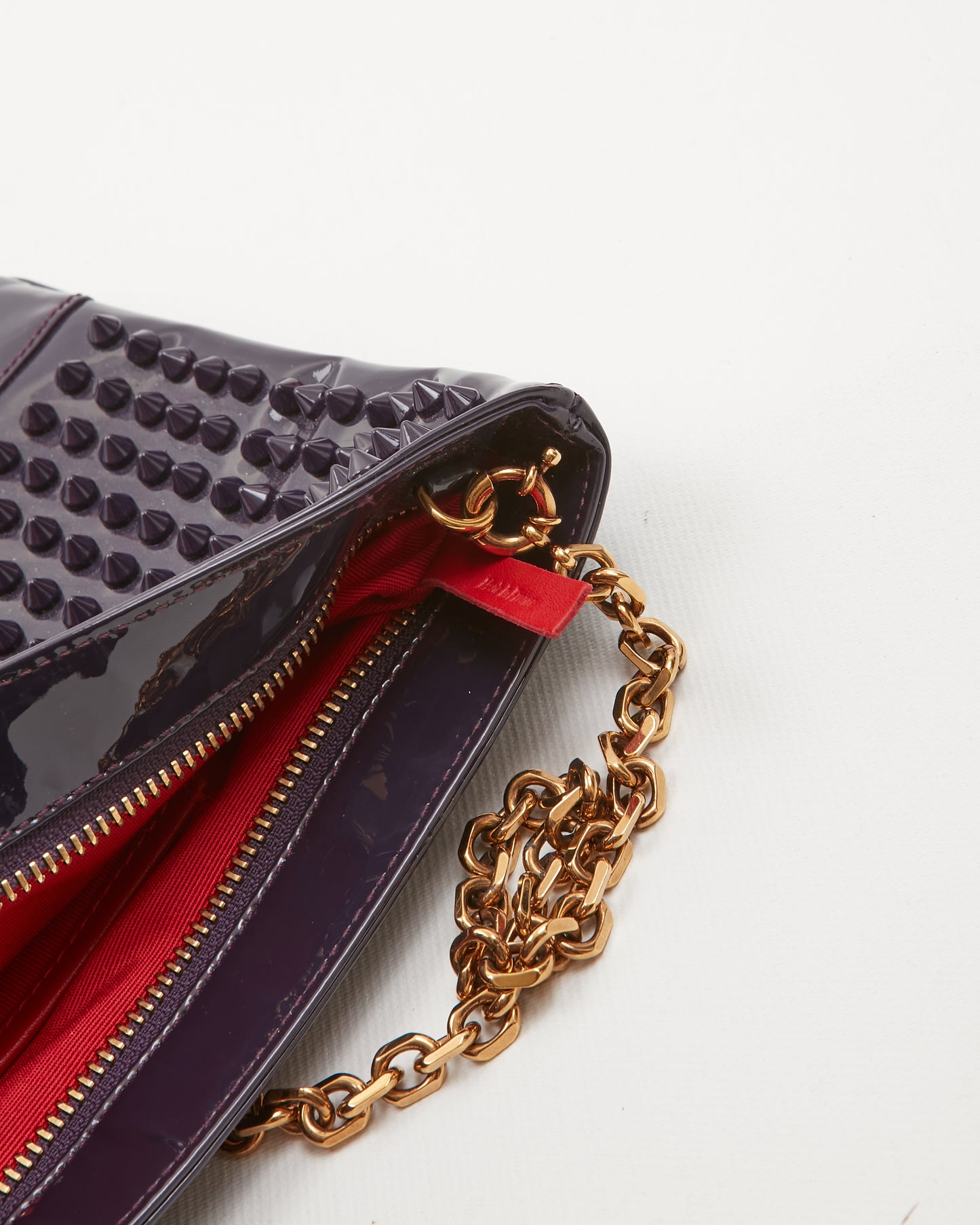 Louboutin Purple Patent Leather Spike Chain Shoulder Clutch