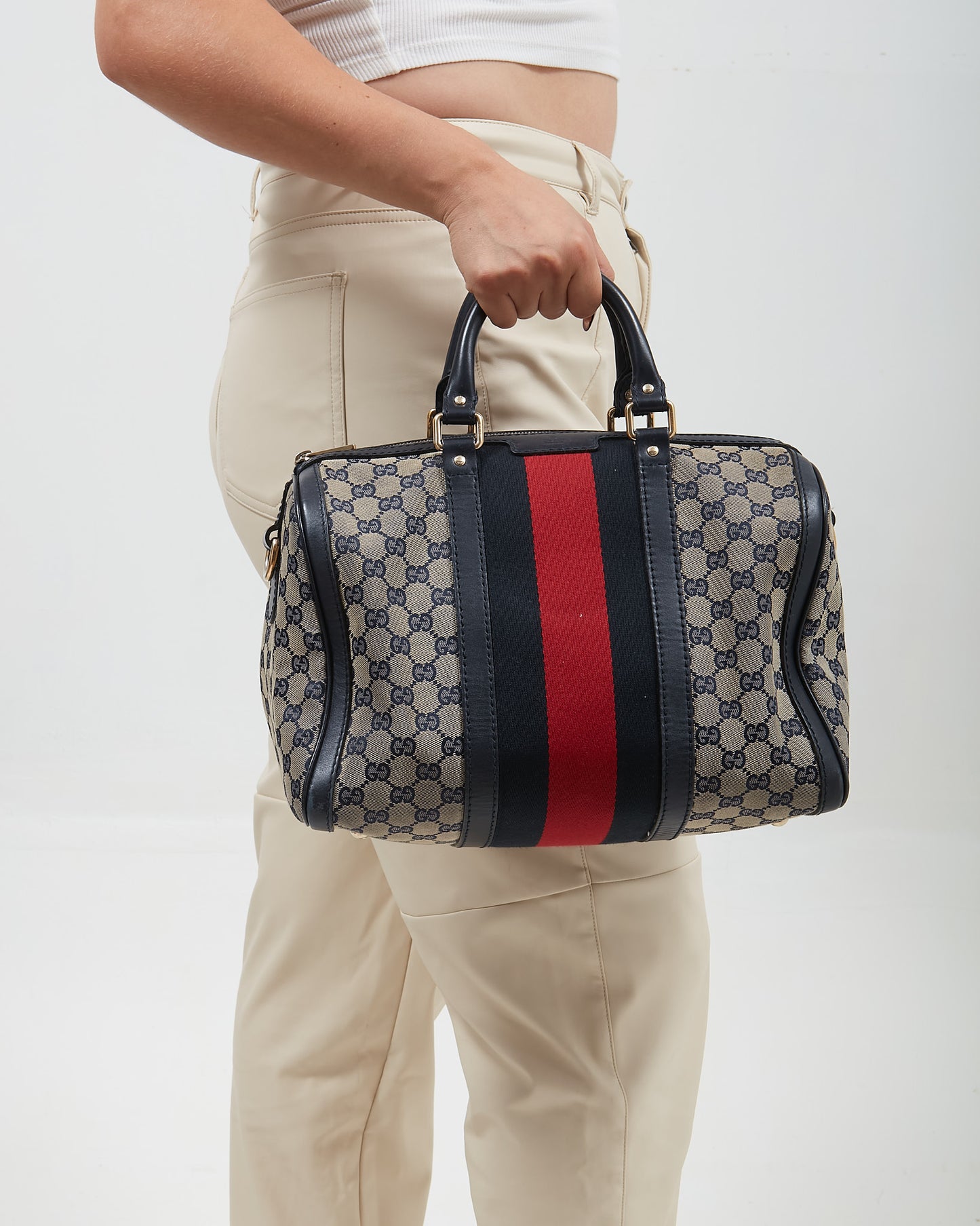 Gucci Navy Canvas GG Supreme Web Boston Bag