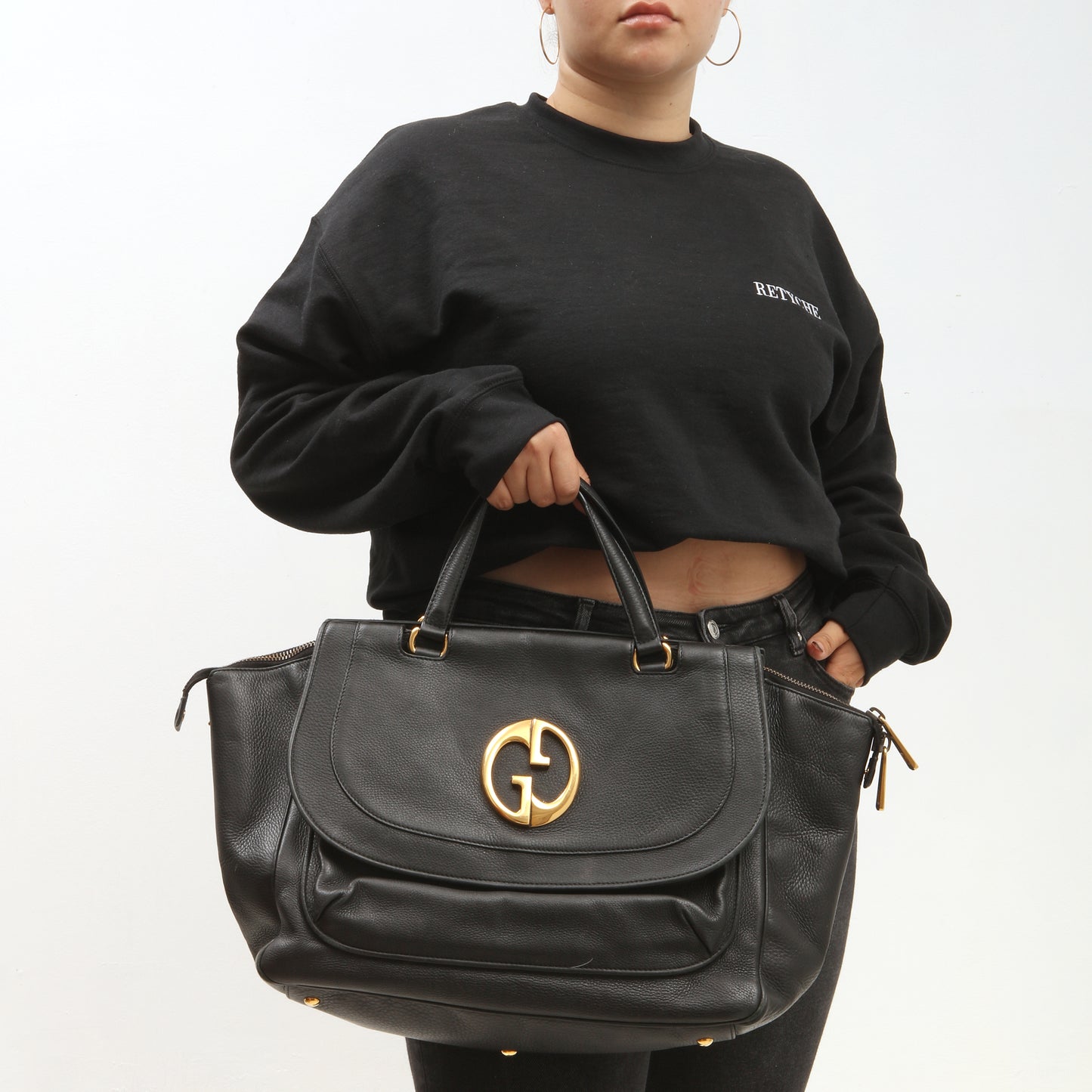 Gucci Black Pebbled Leather 1973 Logo Tote Bag