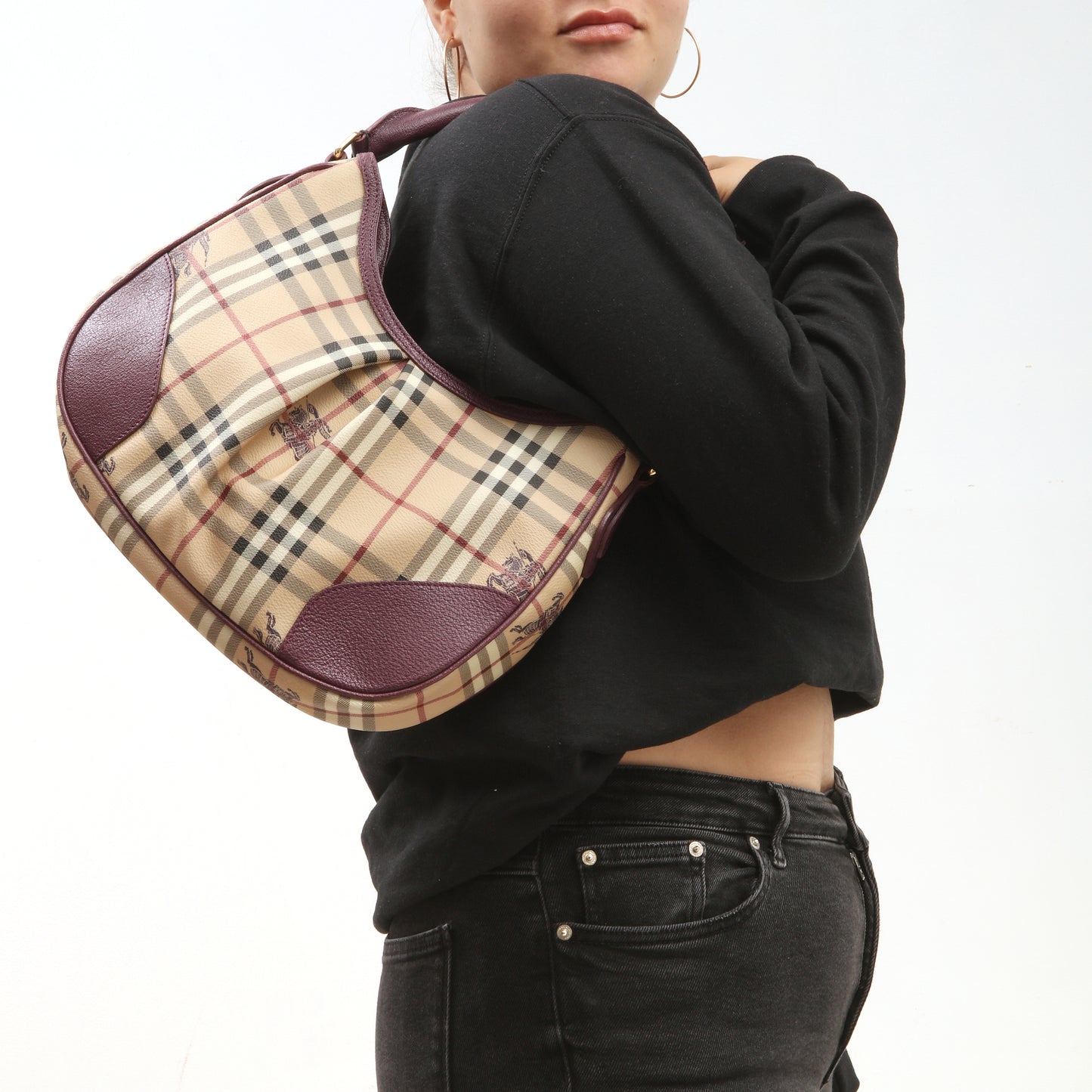 Burberry Beige/Purple Check Coated Canvas Shoulder Bag