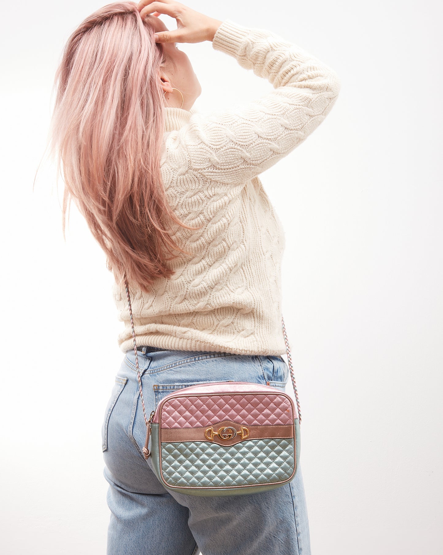 Gucci Pink/Blue Metallic Laminated Calfskin Leather Trapuntata Small Zumi Shoulder Bag