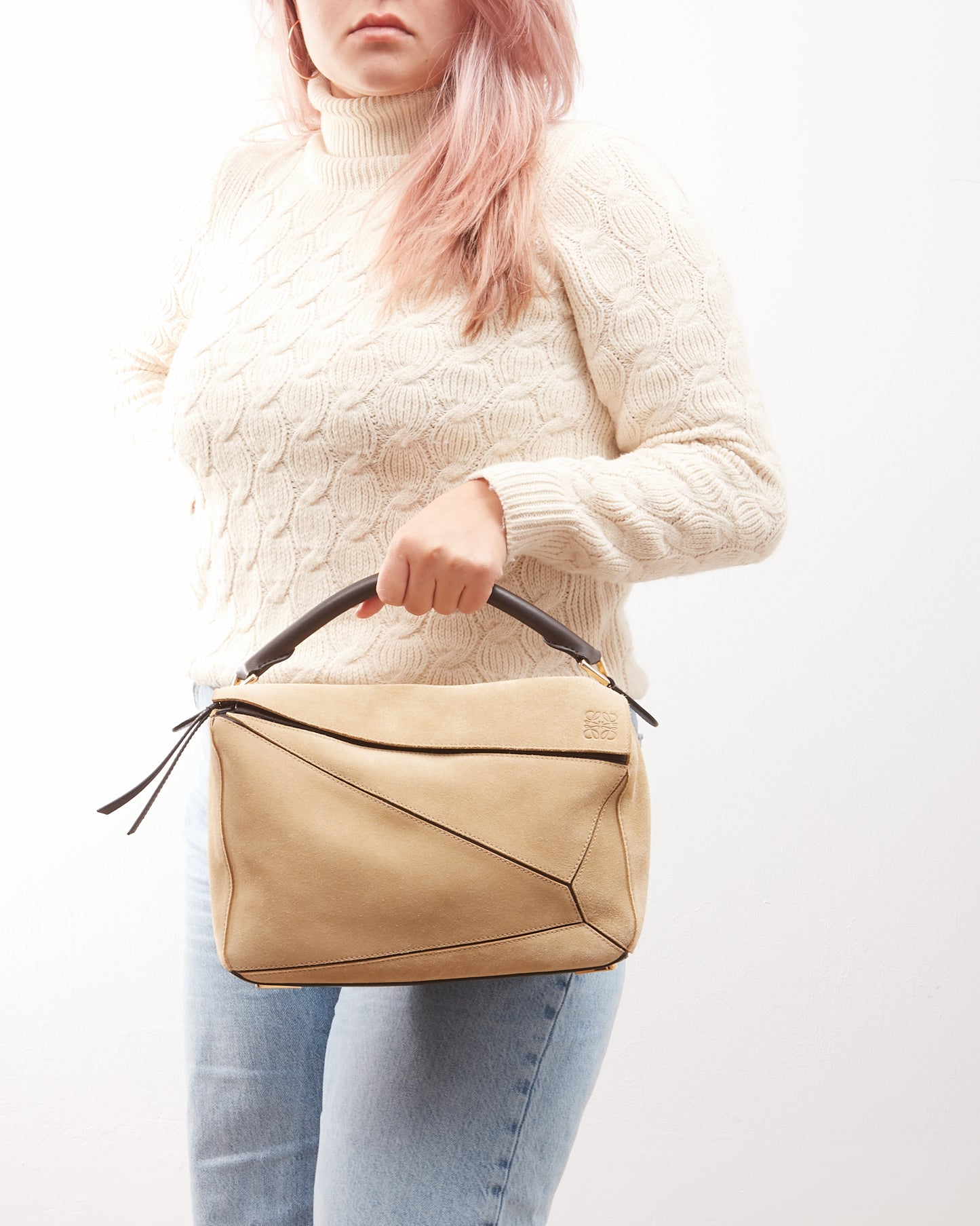 Loewe Beige Suede Puzzle Medium Puzzle Bag