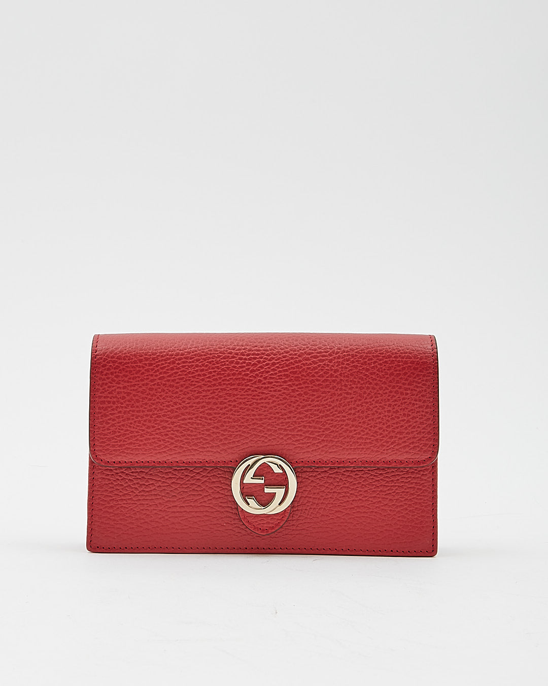 Portefeuille GG entrelacé en cuir grainé rouge Gucci sur chaîne