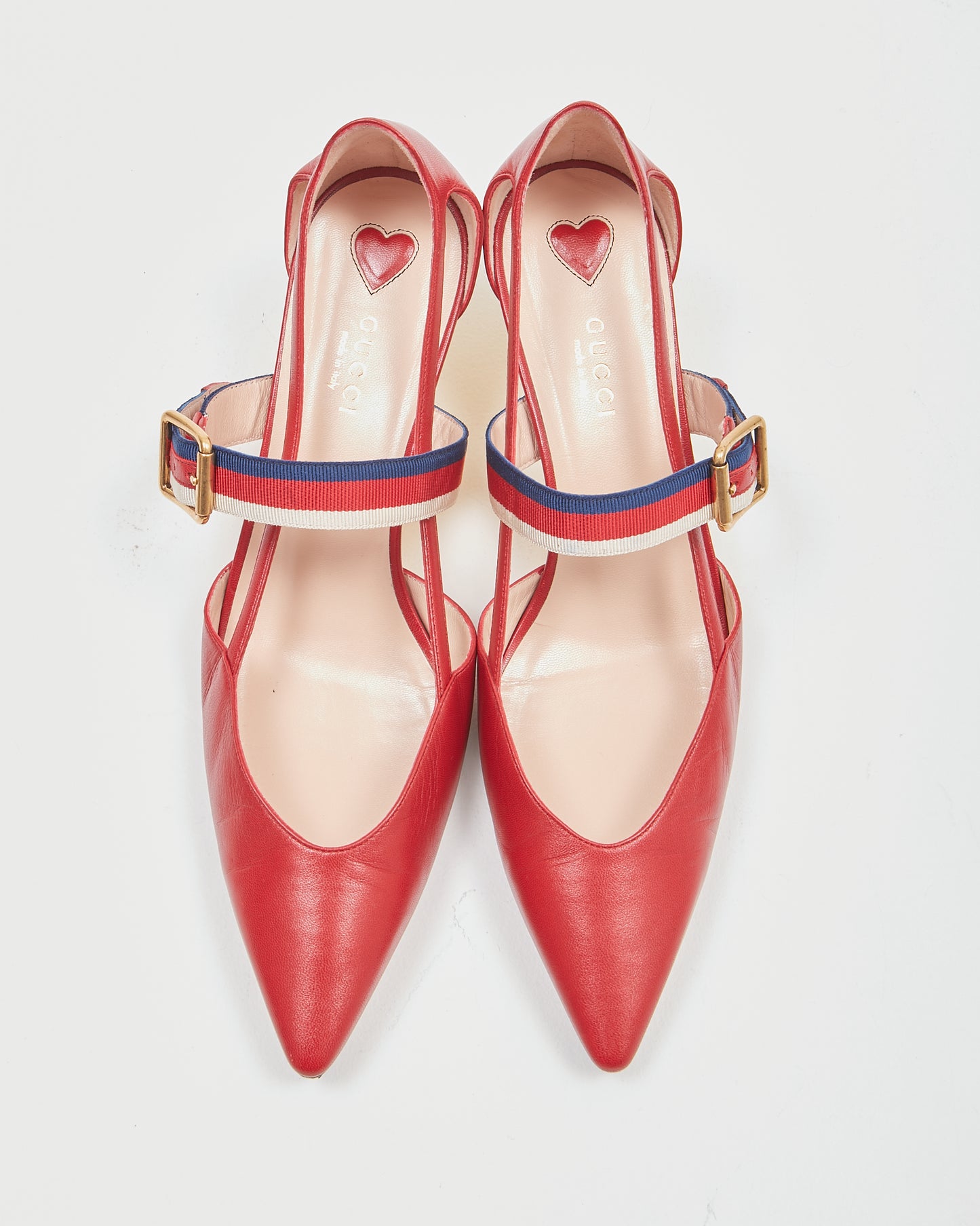 Gucci Red Malaga Web Kitten Bamboo Heel Pumps- 39