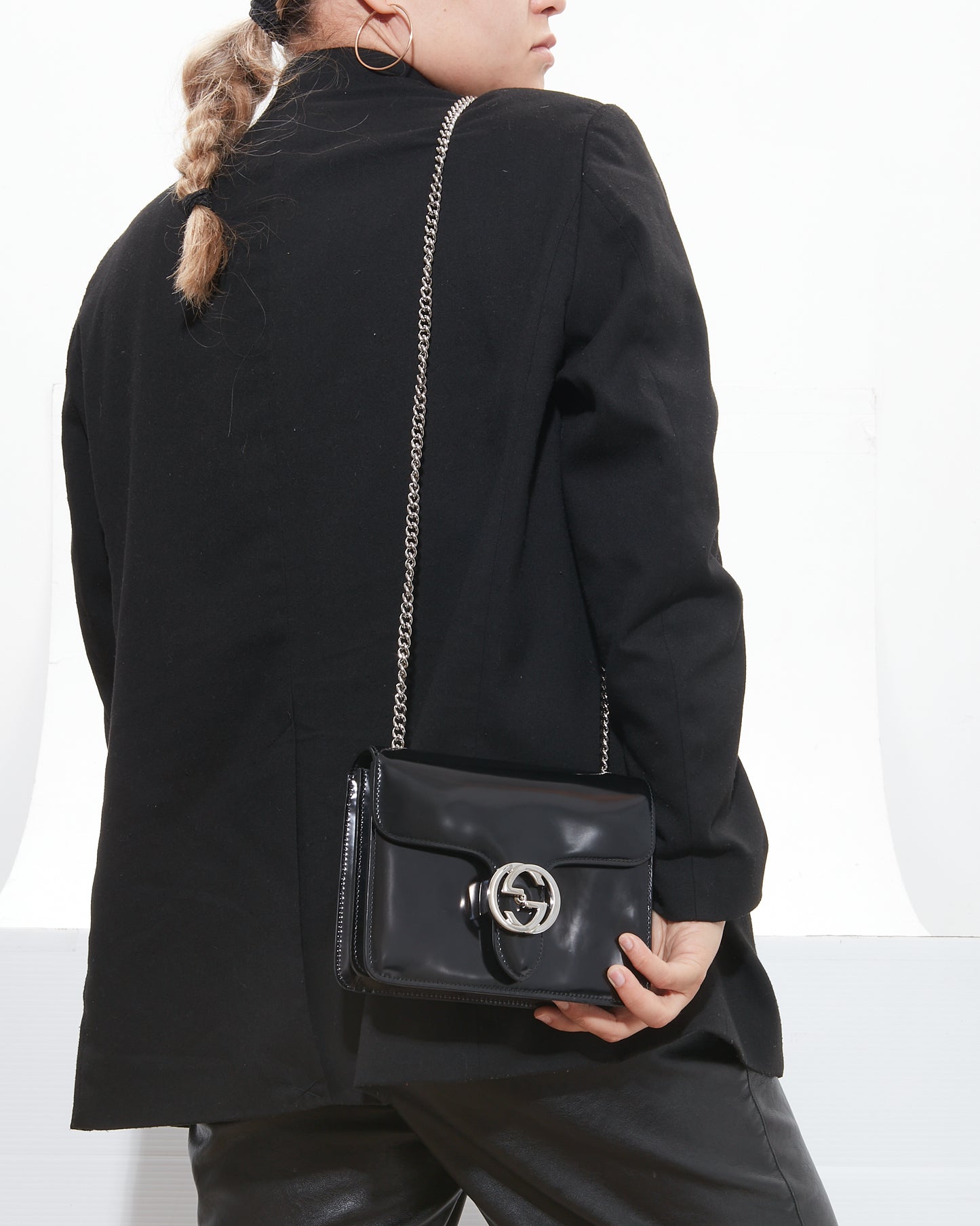 Gucci Black Patent Interlocking G Small Shoulder Bag