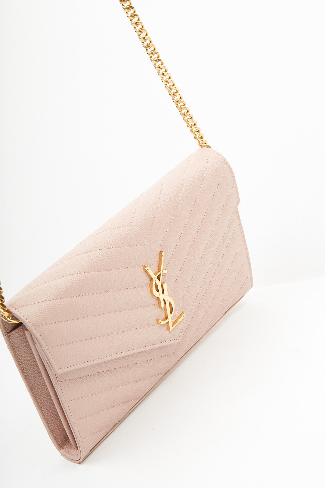 Saint Laurent Dusty Pink YSL Grain De Poudre Matelasse Chevron Monogram Envelope Wallet-on-Chain