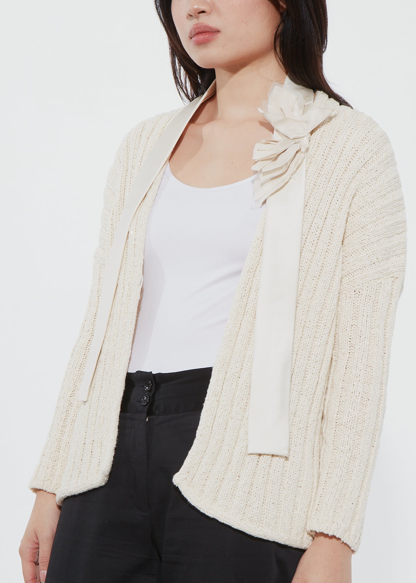 Brunello Cucinelli Cream Sequin Knit Cardigan - XS + Cream Silk Flower Belt