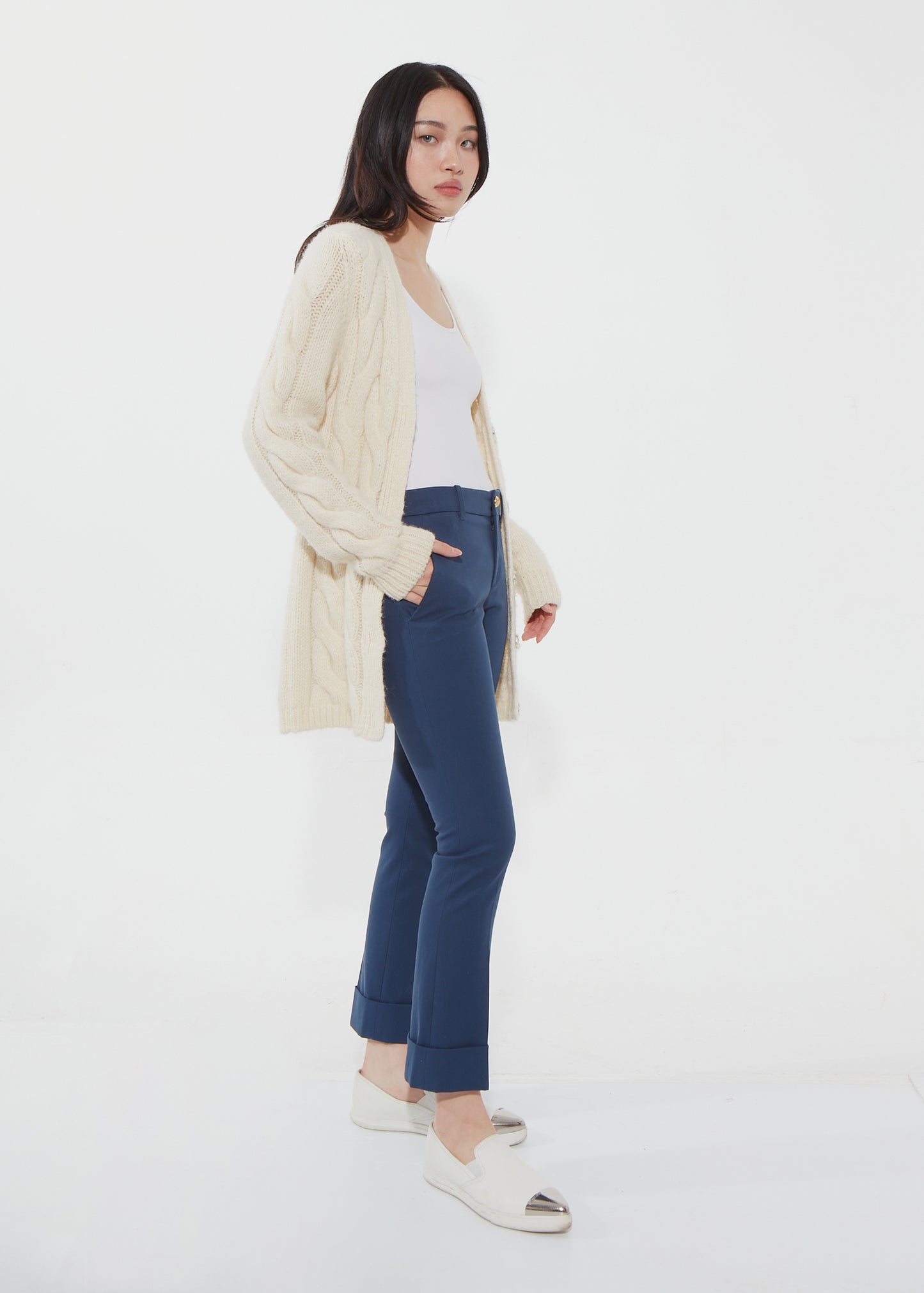 Cardigan en tricot torsadé de laine crème Escada Sport - S