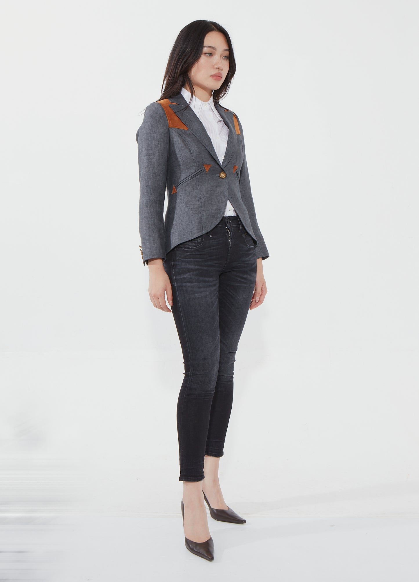 Blazer à épaules en laine et daim gris Smythe - 4