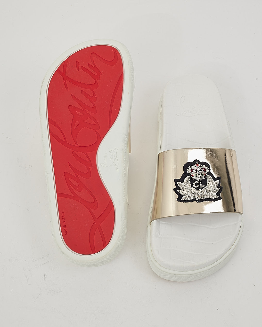 Louboutin White/Gold Embled Pool Slides - 39
