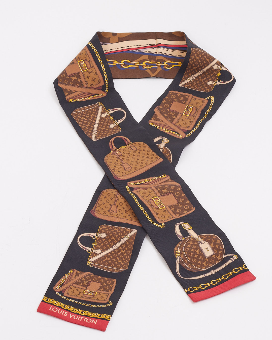 Explore a Louis Vuitton Black Silk Handbag Print Twilly Scarf