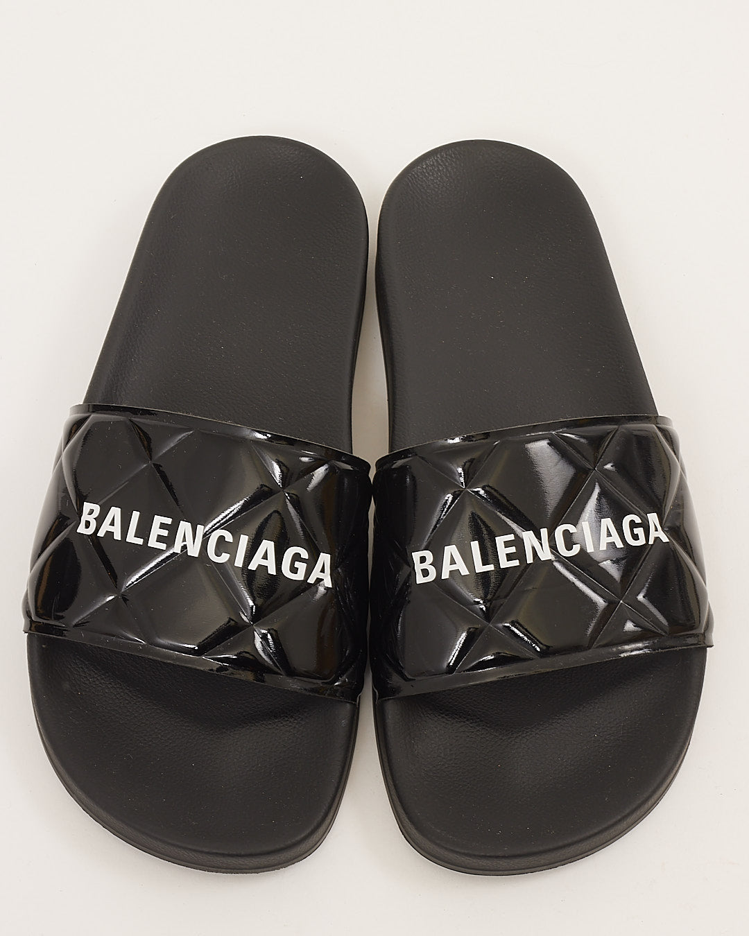 Balenciaga Patent Leather Quilted Logo Pool Slides - 40