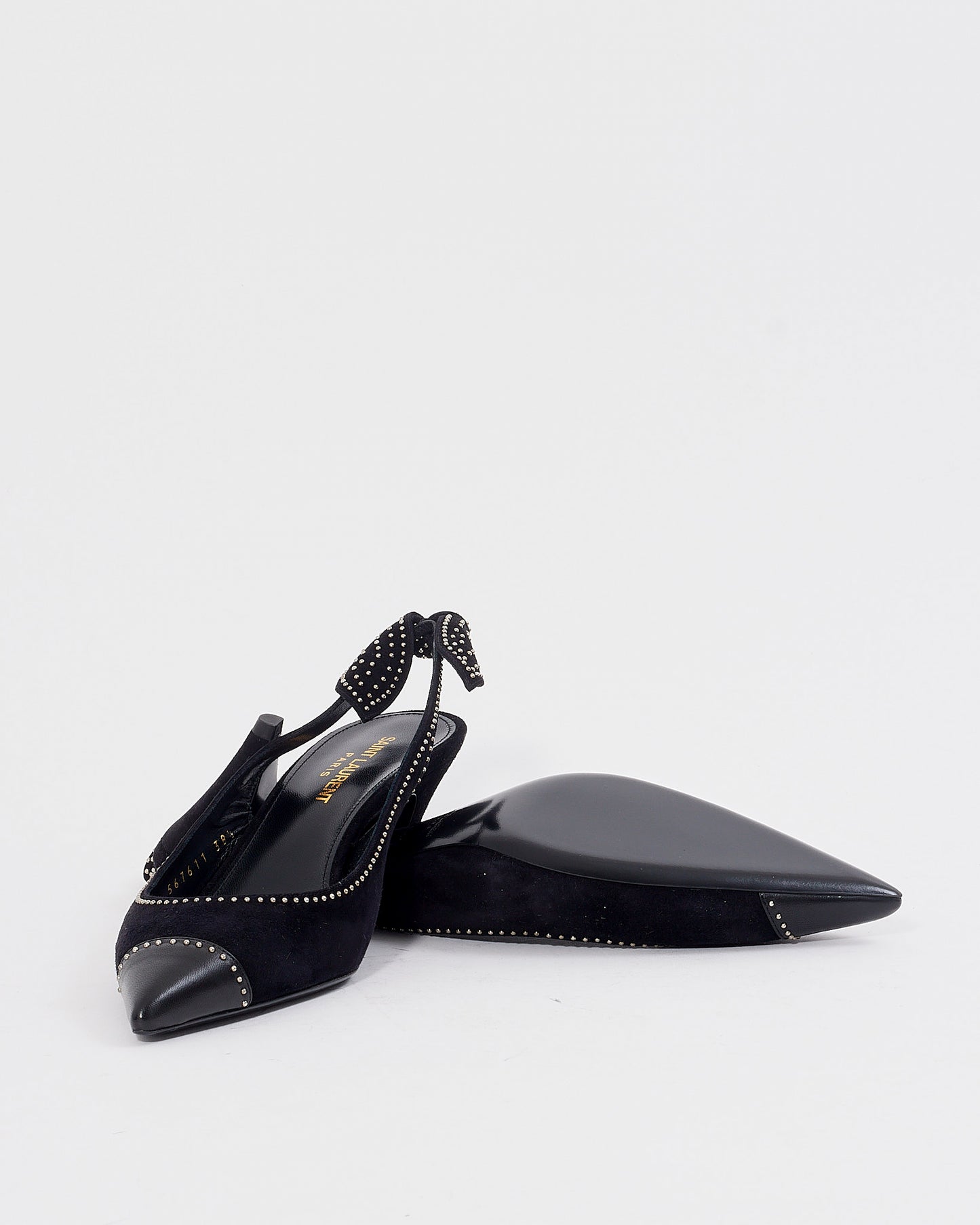 Saint Laurent Black Suede Charlotte Studded Slingback Pumps 55mm - 38.5