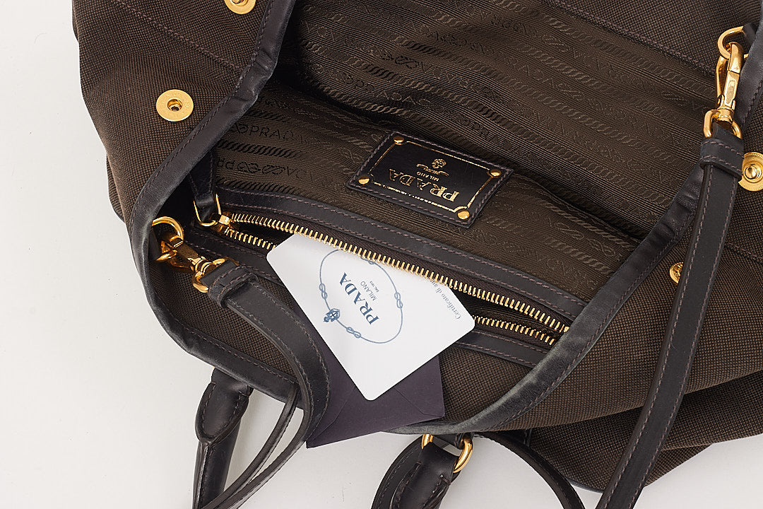 Prada Brown/Black Canvas Logo Convertible Tote Bag