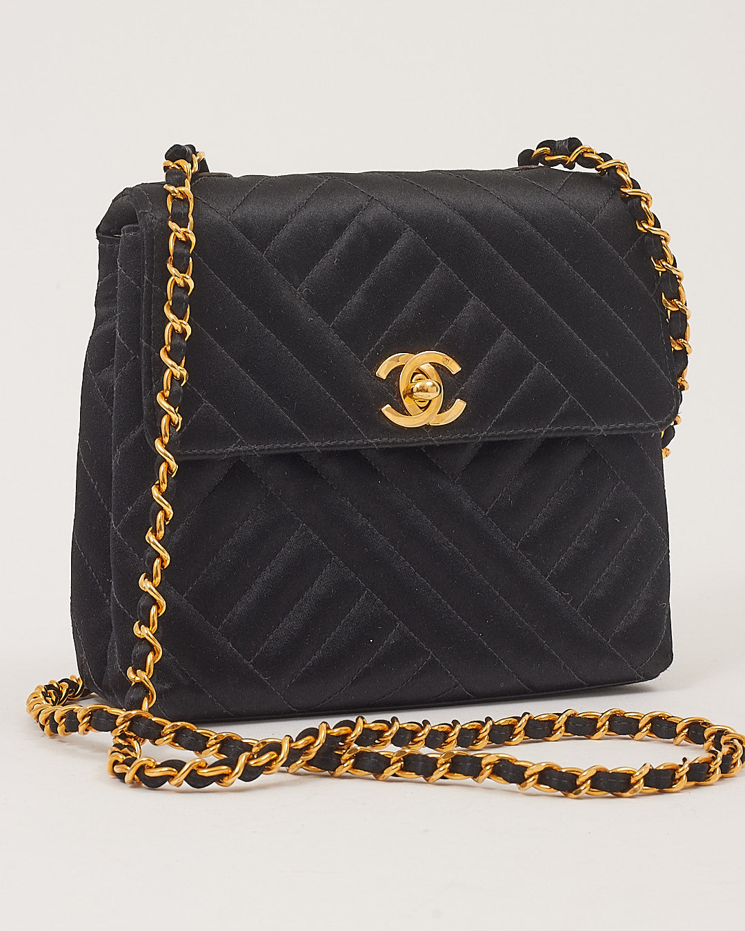 Chanel Black Satin 24K Gold Plated Vintage Square Flap Bag