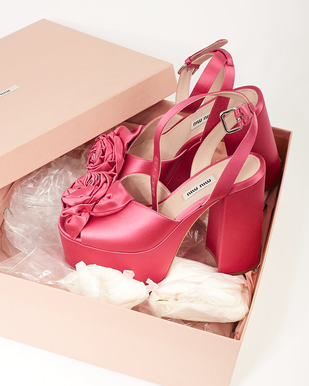 Miu Miu Fuchsia Satin Bow Platform Talons à lanières - 38