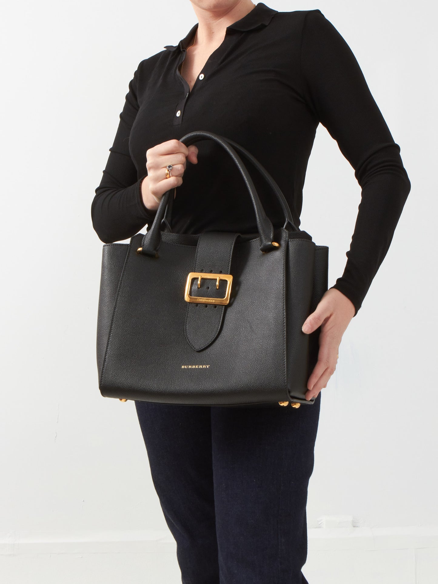 Burberry Black Leather Dashwood Medium Buckle Hobo Bag