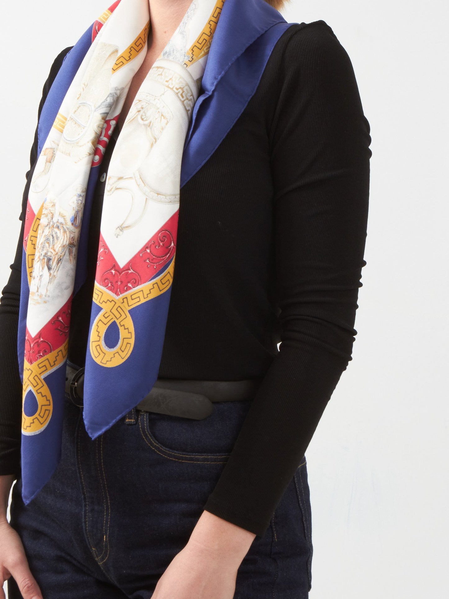 Hermès Royal Blue & White Equestrian 90CM Silk Scarf