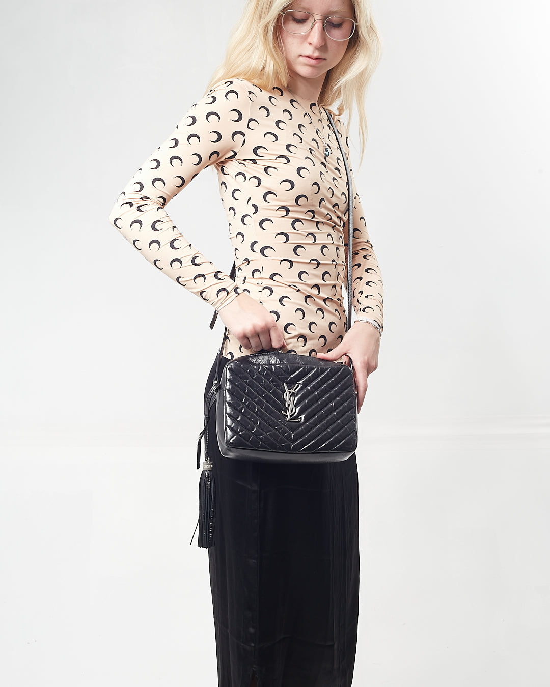 Saint Laurent Black Crinkled Leather Chevron Matelasse Lou Camera Bag