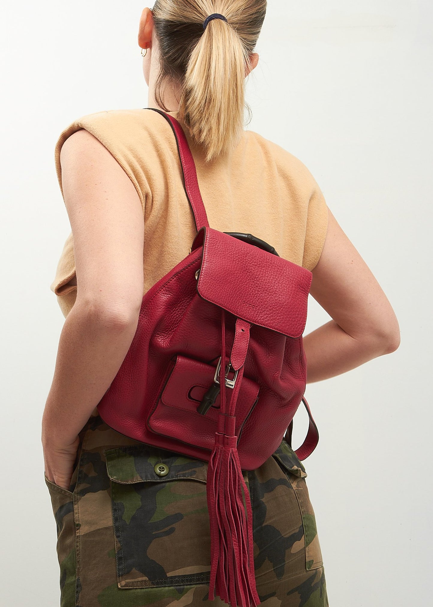 Sac à dos en bambou en cuir grainé rose/fuchsia Gucci