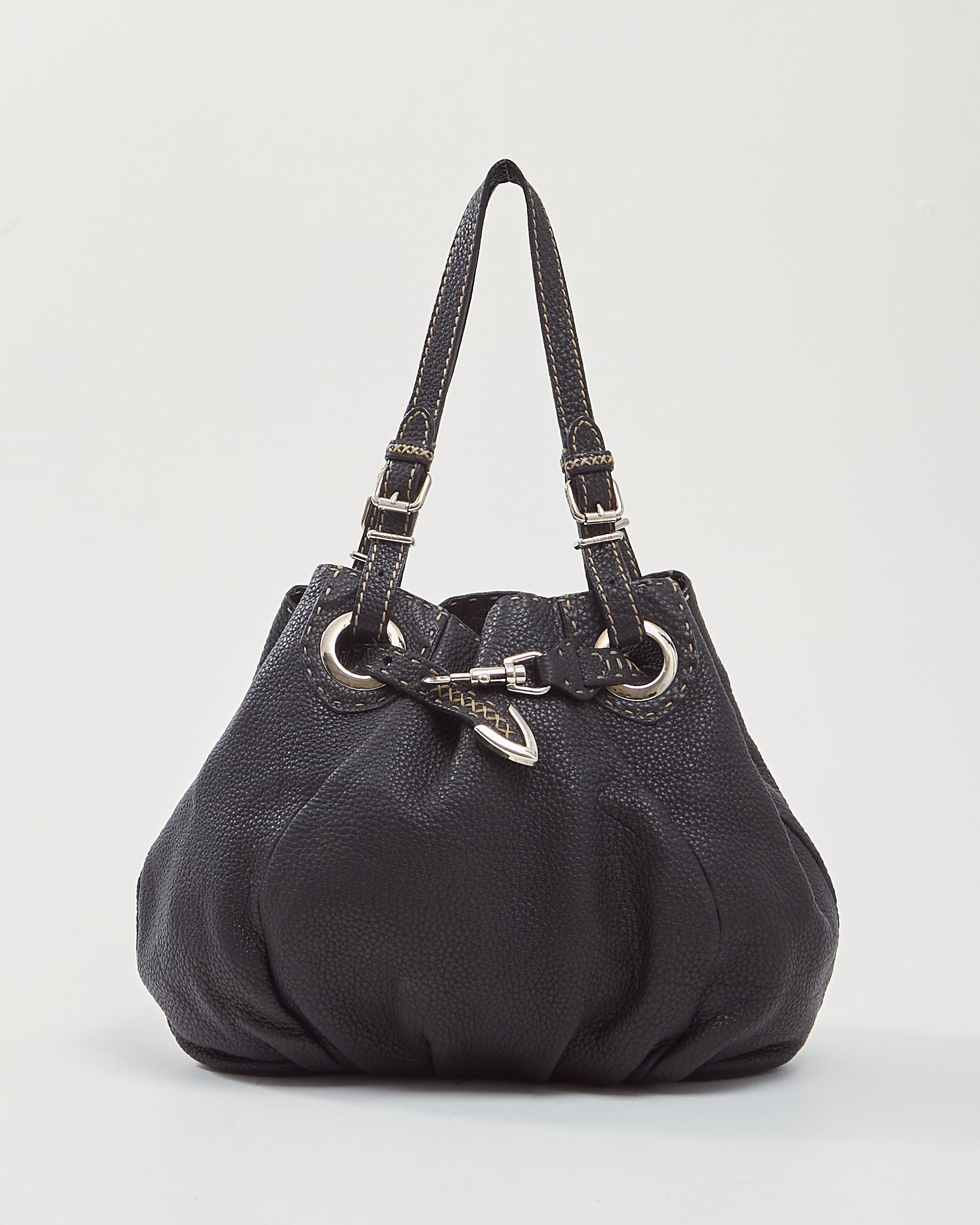 Explore a Fendi Black Selleria Top Stitch Grained Leather Tote Bag