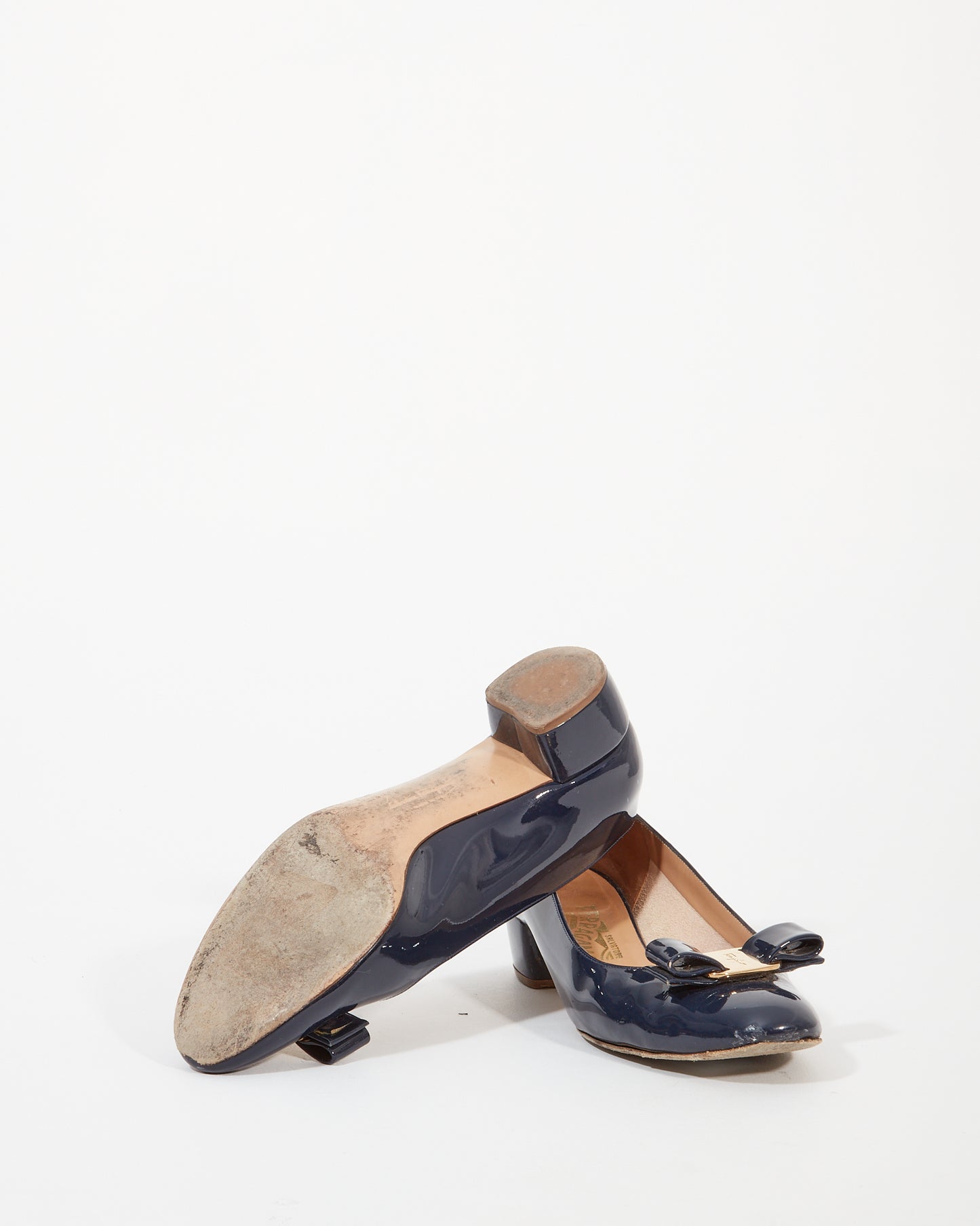 Ferragamo Navy Patent Vara Bow Pumps - 8