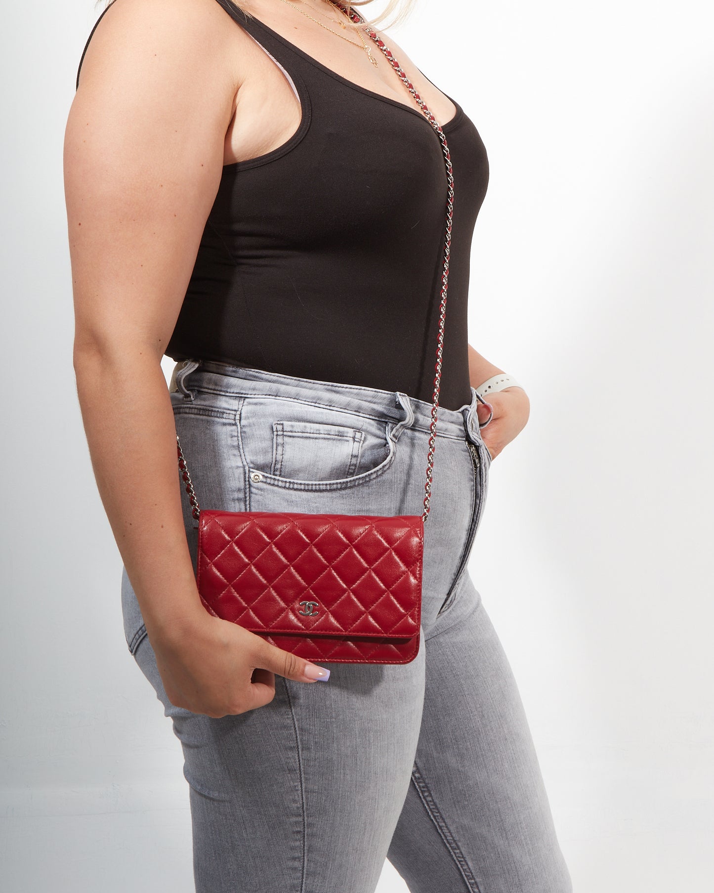 Chanel Red Lambskin Leather SHW Wallet On chain