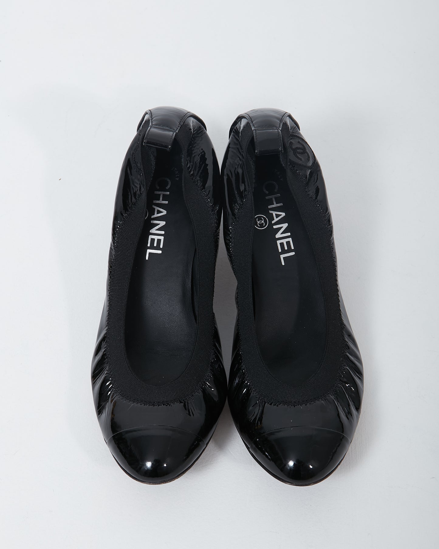 Chanel Black Patent Rounded Tip Pumps - 38.5