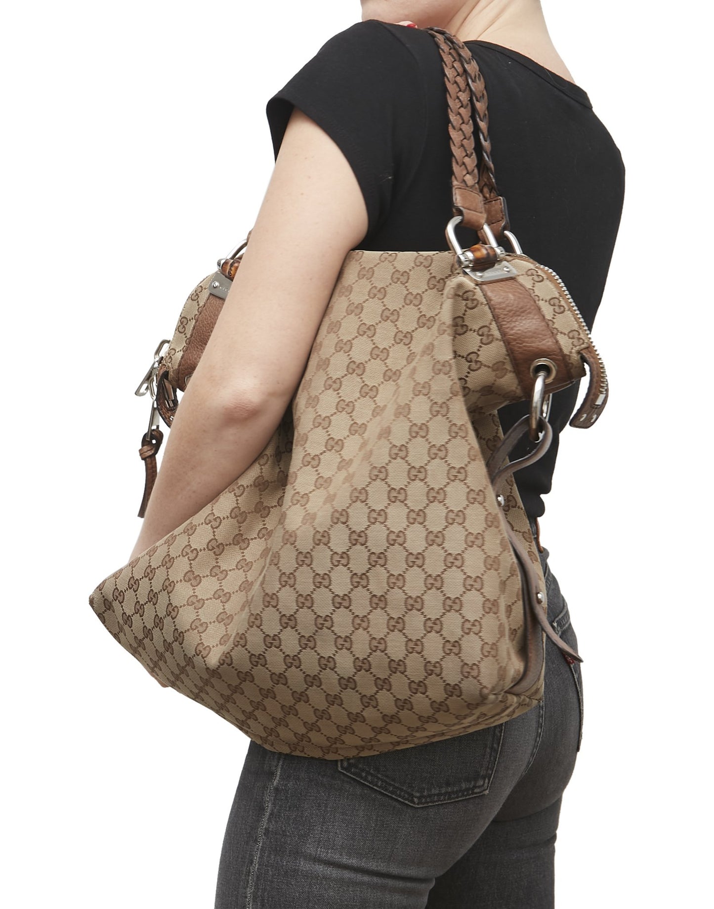 Sac fourre-tout en bambou en toile suprême GG marron Gucci