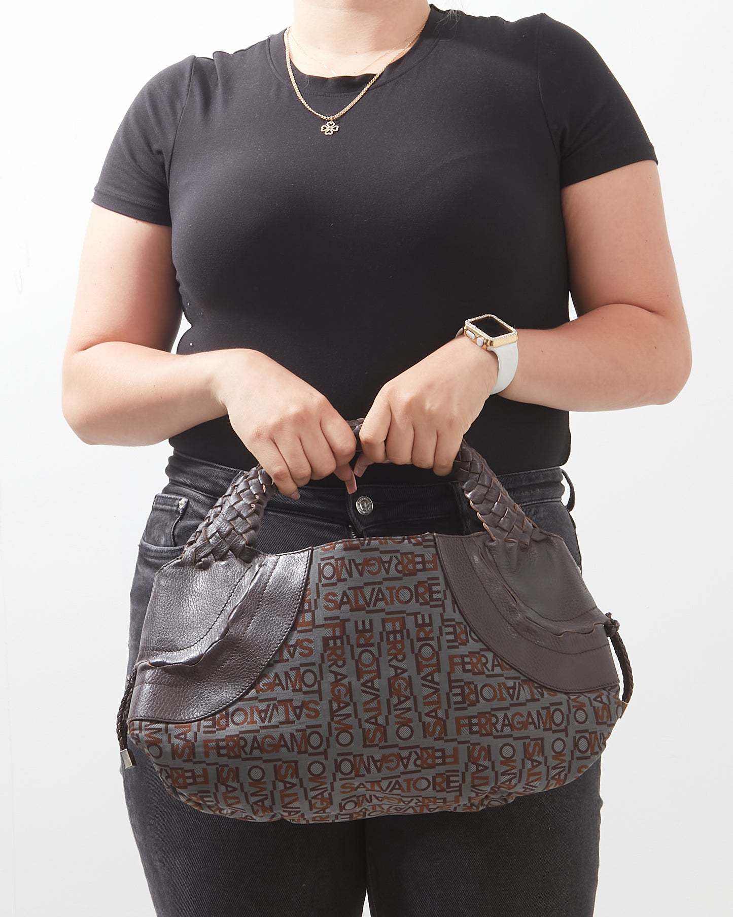 Ferragamo Brown Canvas/Leather Logo Shoulder Bag