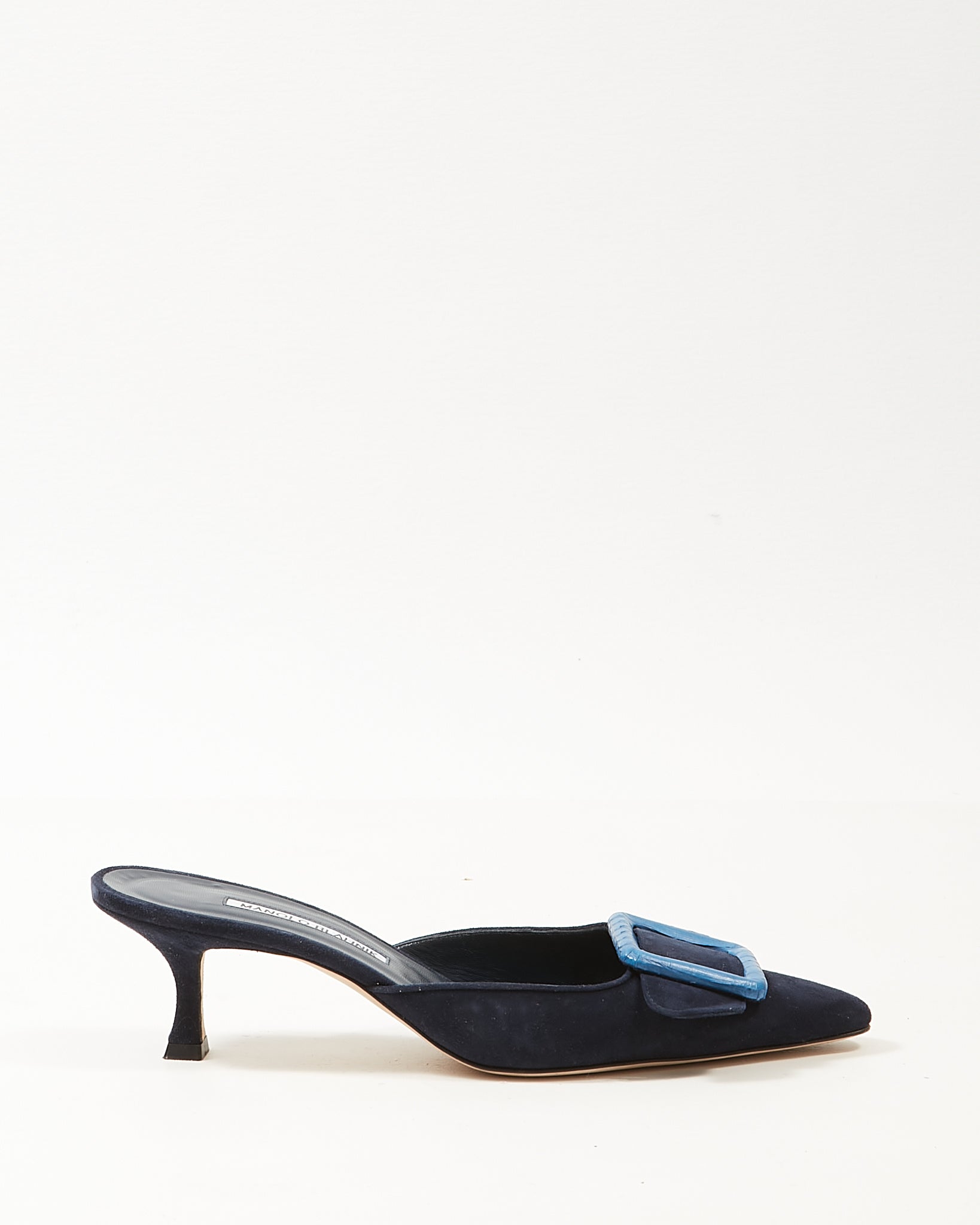 Explore a Manolo Blahnik Navy Suede Maysale Buckle Heeled Mules