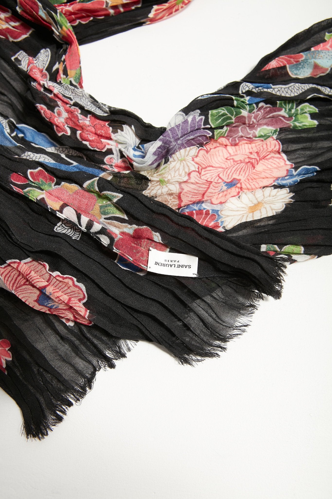 Saint Laurent Black Floral Crinkled Scarf
