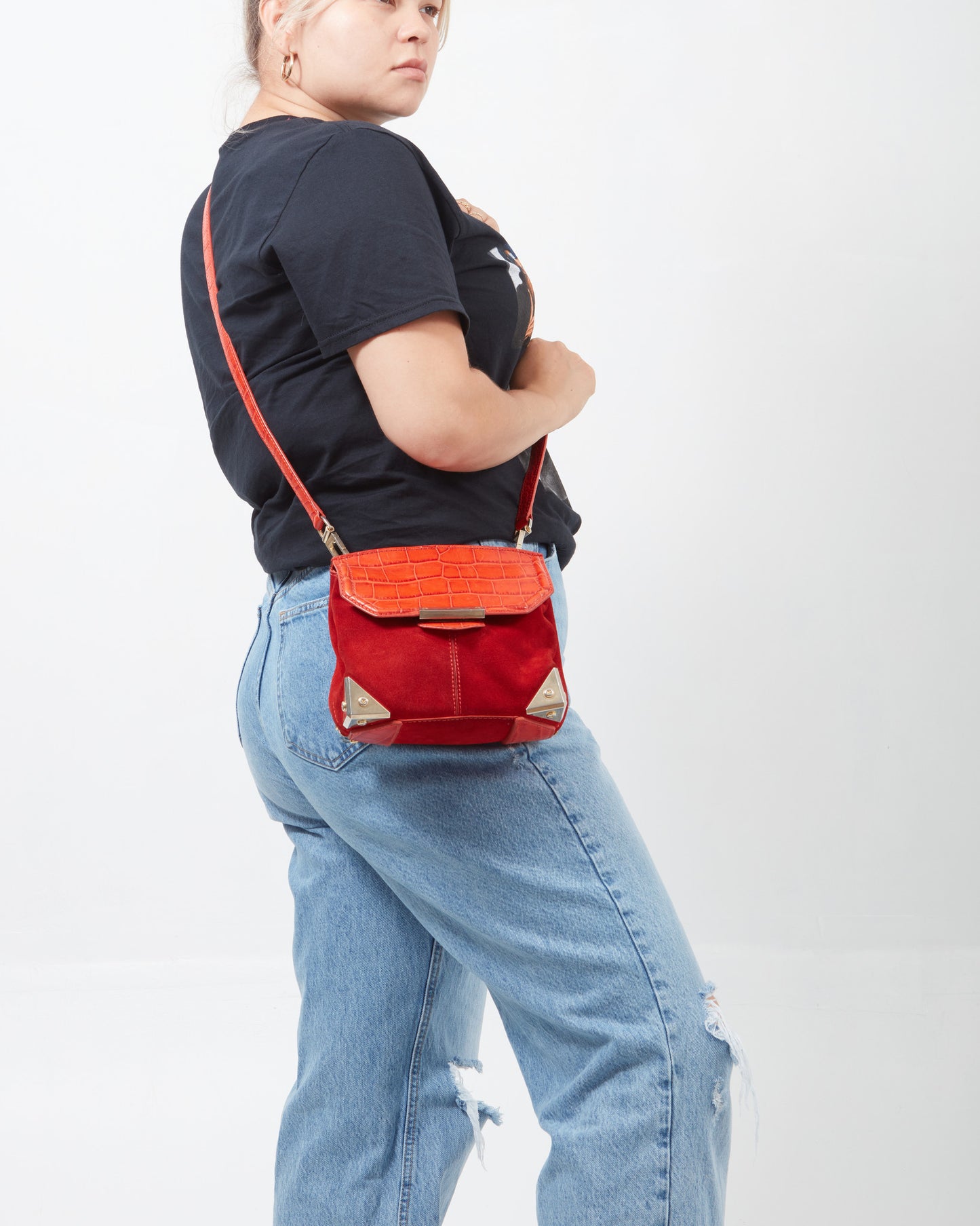 Alexander Wang Red Suede & Croc Embossed Marion Prisma Bag