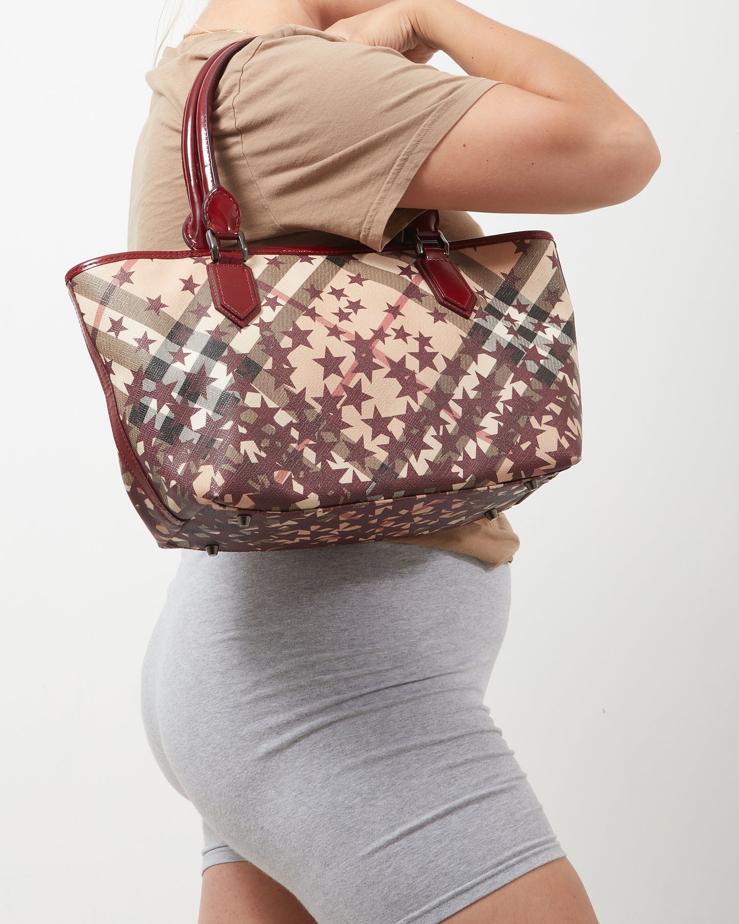 Burberry Burgundy/Beige Coated Canvas & Patent Leather Star Tote Bag