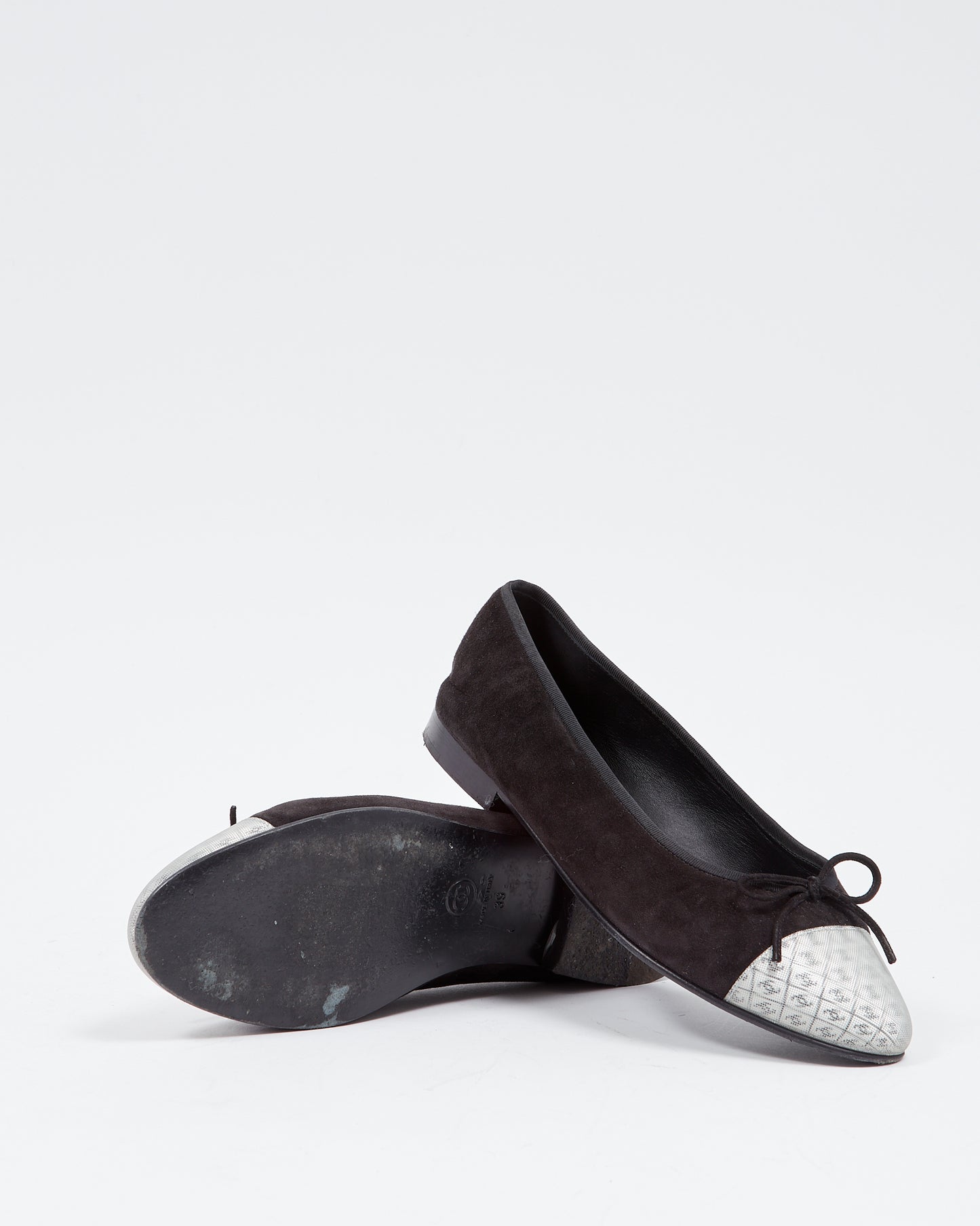 Chanel Black Suede & Holographic Logo Cap Toe Ballerina Flats - 39