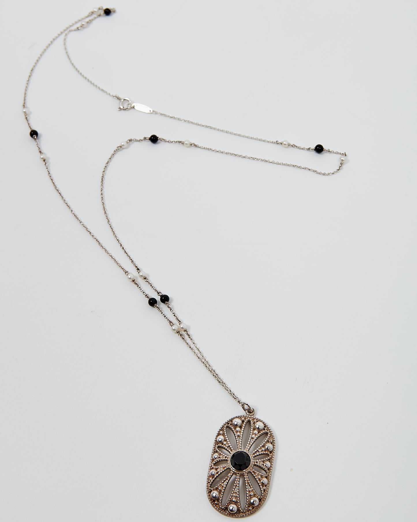 Collier pendentif marguerite Ziegfeld en argent sterling Tiffany avec onyx et perles