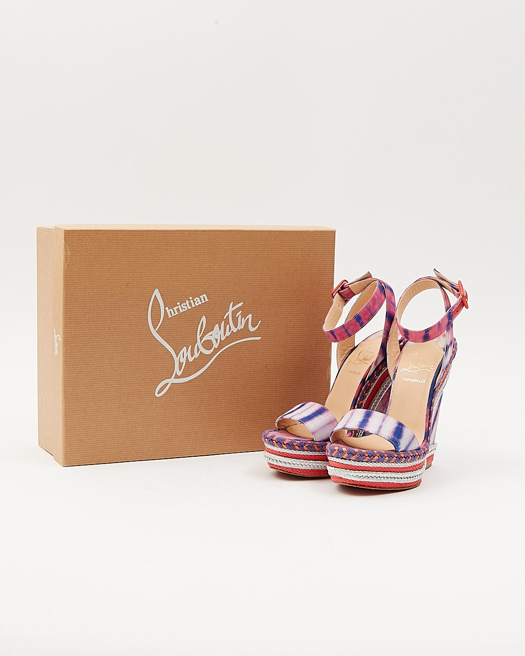 Louboutin Coral/Purple/Silver Duplice 140 Bazin Wedges - 35