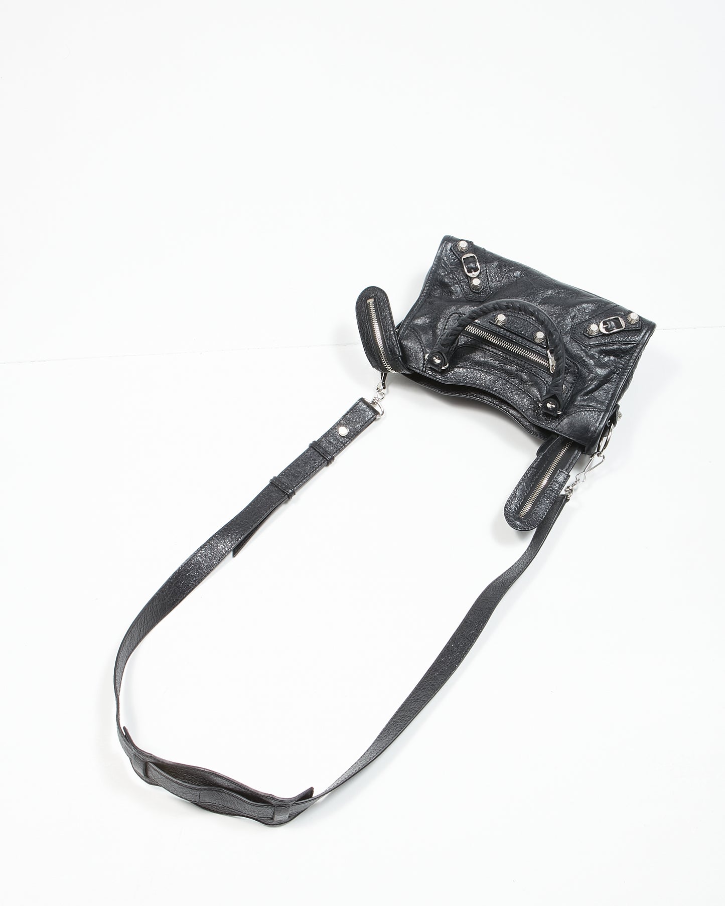 Balenciaga Black Crinkle Leather Motocross Giant 12 Mini City Bag