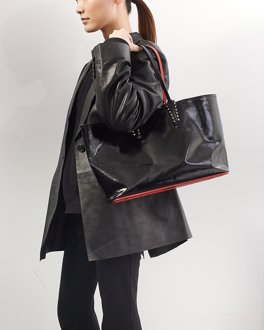 Christian Louboutin Black Patent Studded Tote with Pochette