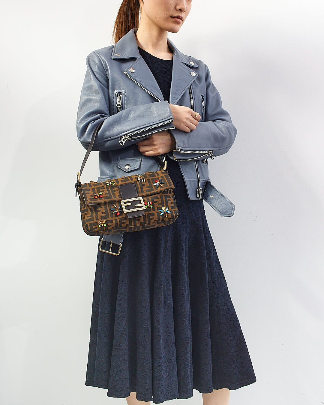 Fendi Tobacco Zucca Print Canvas Crystal Embellished Baguette Shoulder Bag