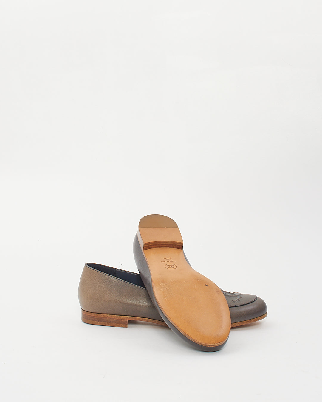 Chanel Grey Leather CC Loafers - 37.5