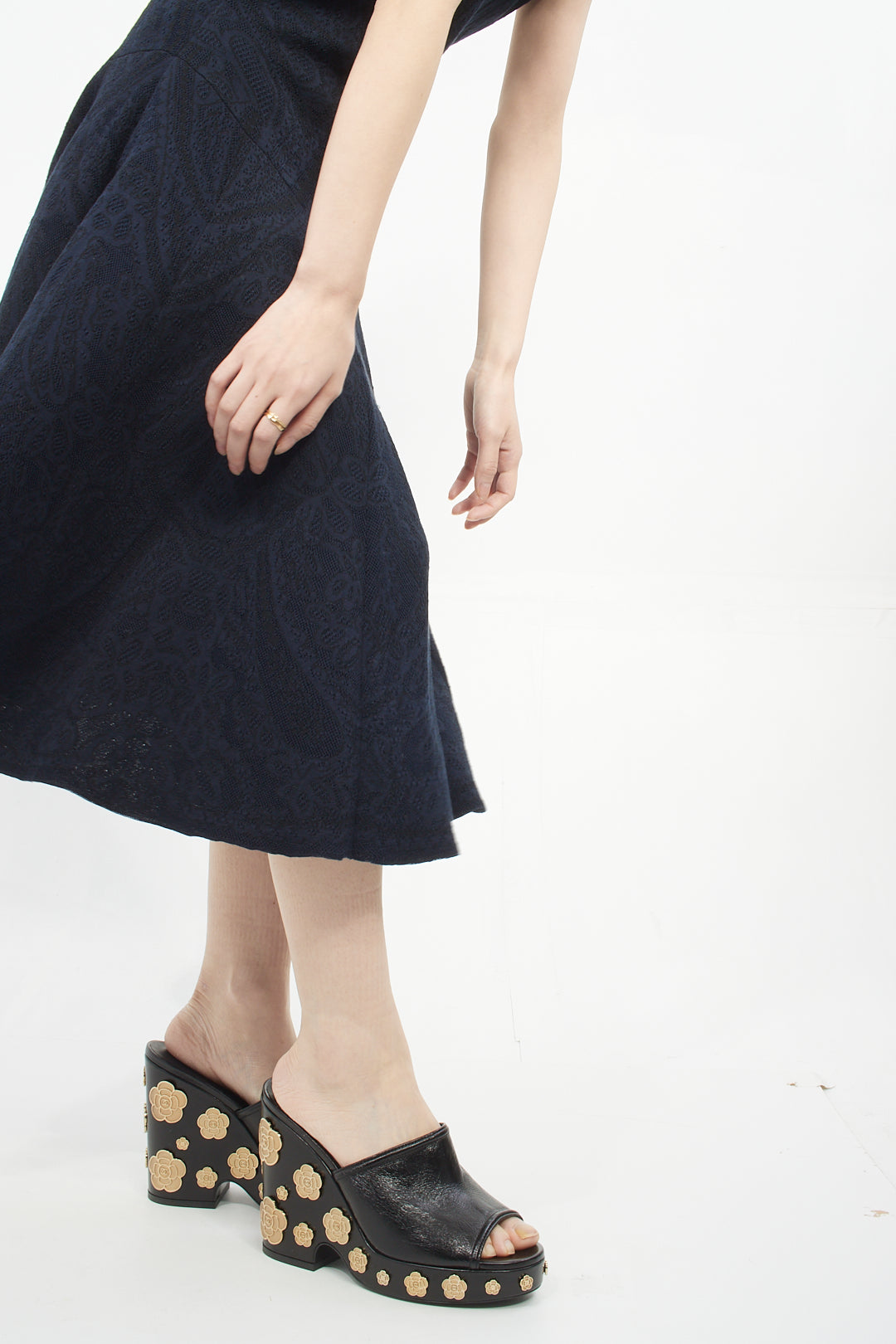 Chanel Black Leather Gold Camellia Flower Embellished Wedge Heels - 40