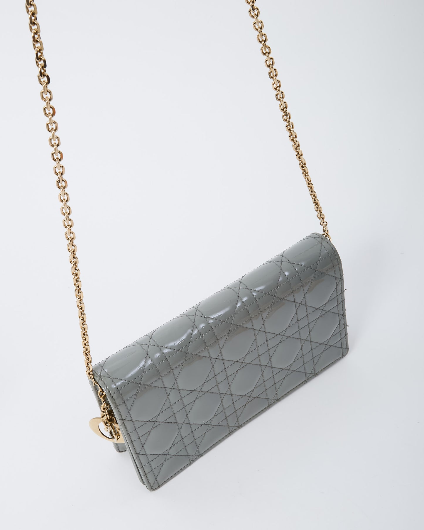 Dior Grey Patent Cannage Calfskin Leather Lady Dior Pouch with GHW Chain WOC