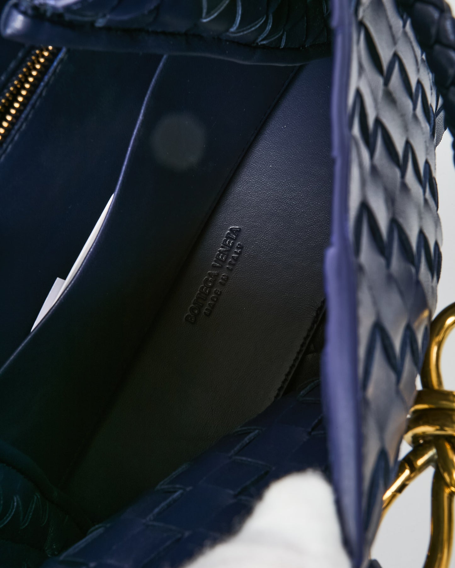 Bottega Veneta Navy Intrecciato Leather Small Andiamo Bag GHW