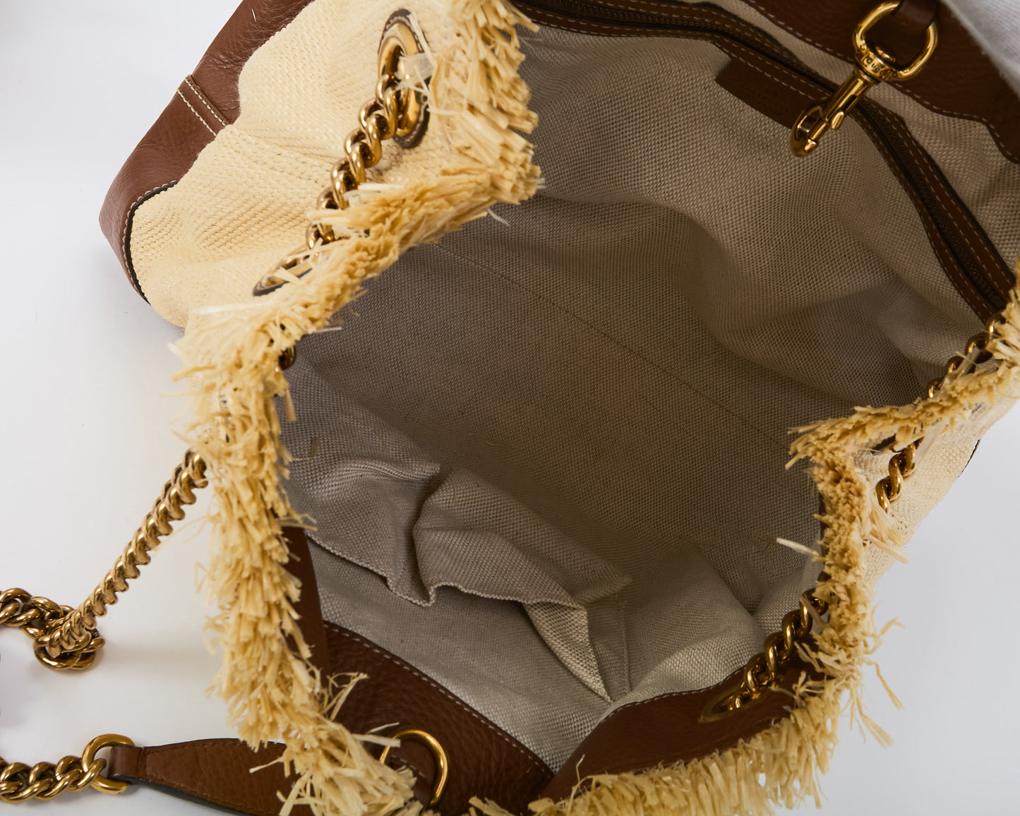 Gucci Beige Raffia and Brown Leather Medium GG Soho Chain Shoulder Bag