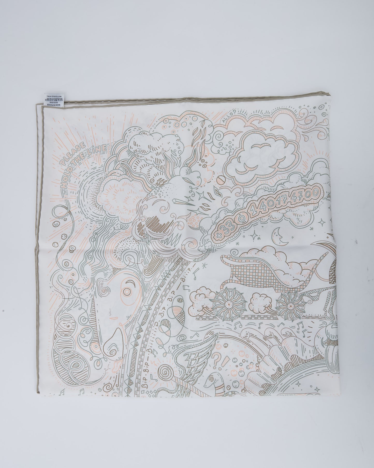 Hermès White Blanc/Rose Nacre/Green Vert-de-Gris Multi"Please Hold The Line" 90cm Silk Scarf