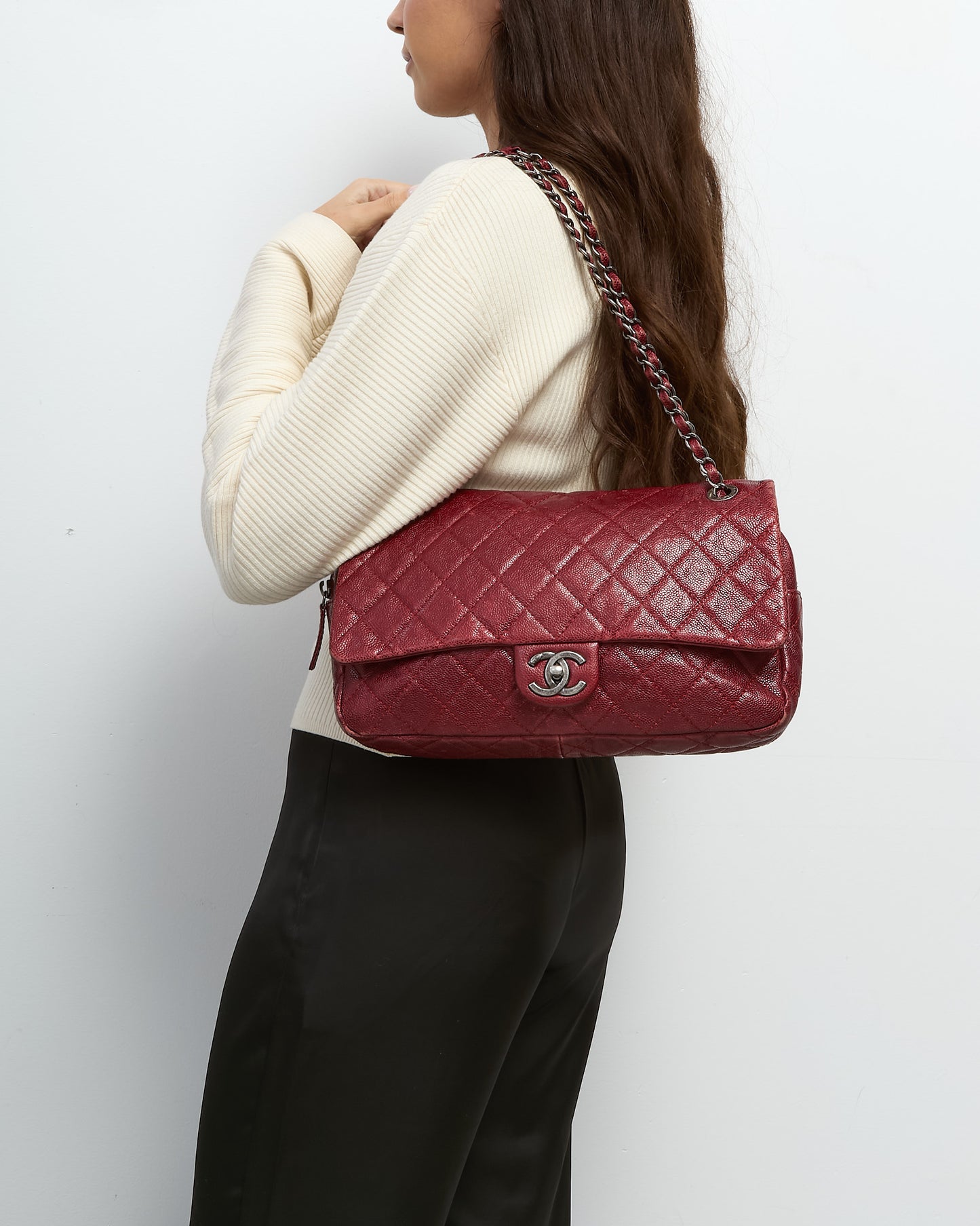 Chanel Burgundy Red Quilted Caviar Leather Jumbo Easy Flap Shoulder Bag SHW